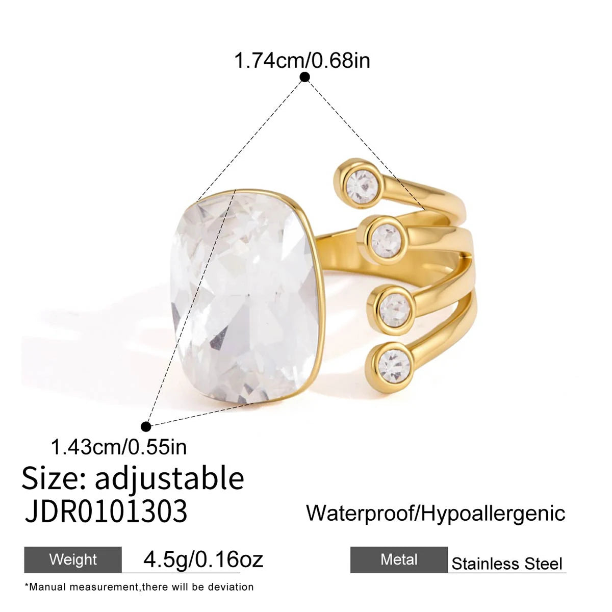 KIKA Elegant Geometric Crystal Open Rings Gold PVD Plated Stainless Steel 316L
