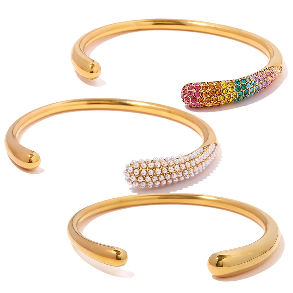 Kika Waterproof Metal Texture 18K Gold Color Stainless Steel Cuff Open Bracelet Bangle