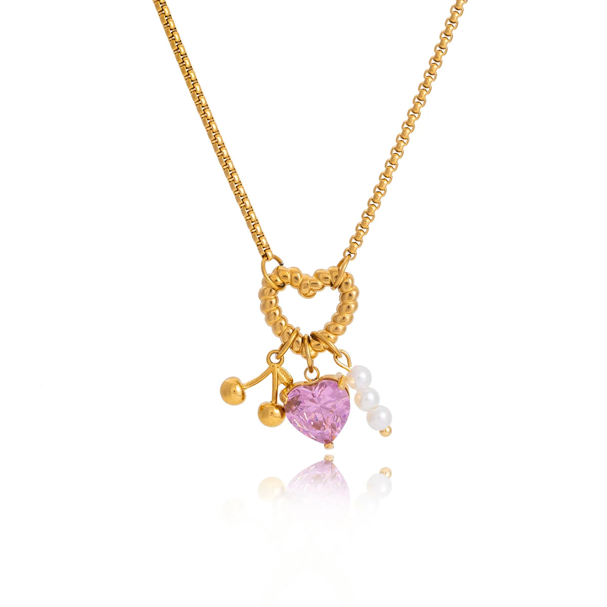 Kika Delicate Pink Heart-Shaped Zircon Pendant With Acrylic Pearl Cherry Charm Layered Necklace