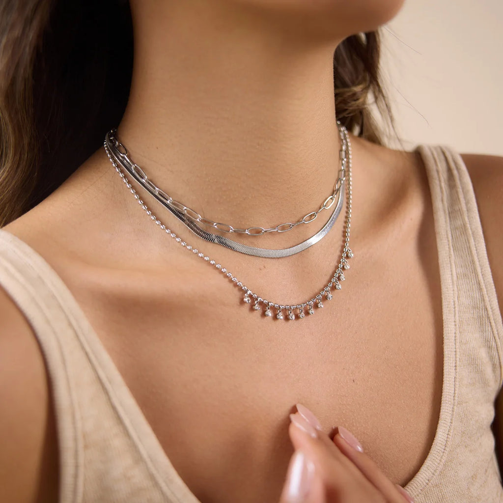 Kika Delicate Steel Color Paperclip Chain With White Zircons Necklaces