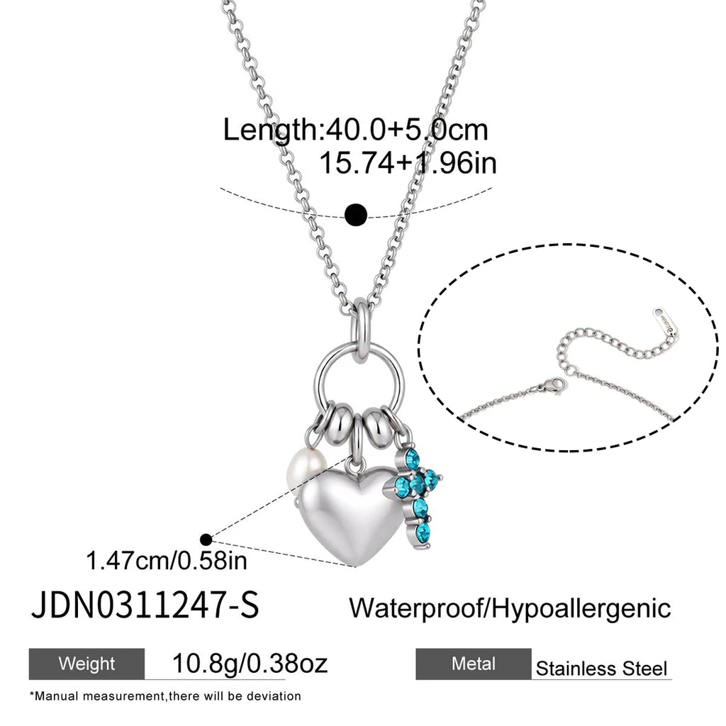 Kika Delicate Steel Color Cross Heart-Shaped Pendant With White Rhinestone Zircon O-Chain Necklace