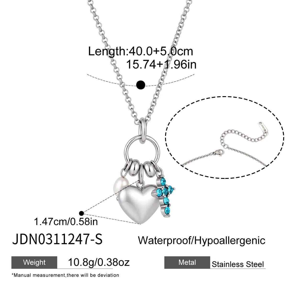 Kika Delicate Steel Color Cross Heart-Shaped Pendant With White Rhinestone Zircon O-Chain Necklace