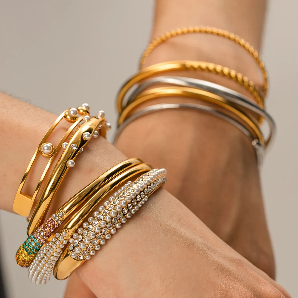 Kika Waterproof Metal Texture 18K Gold Color Stainless Steel Cuff Open Bracelet Bangle
