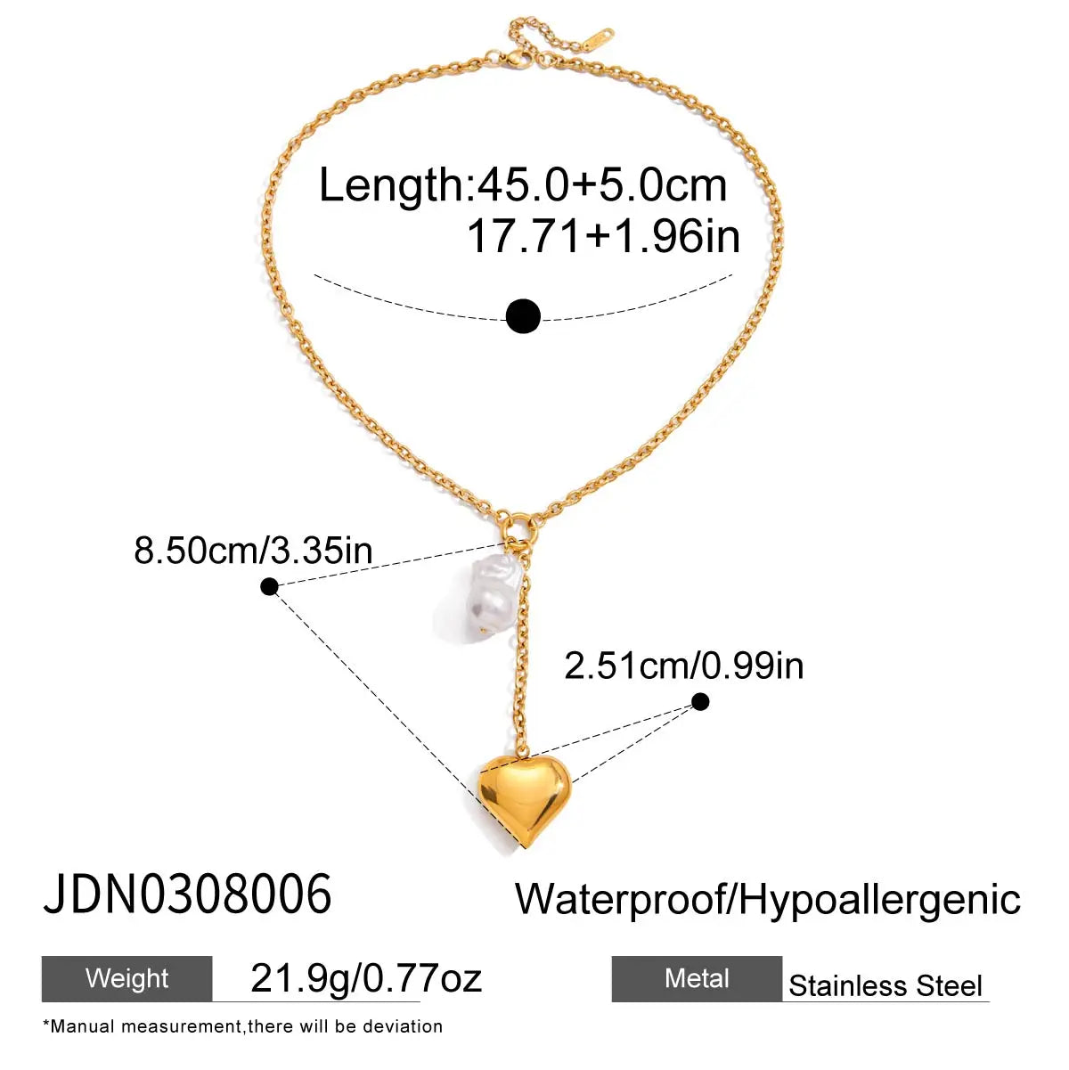 Kika Classic Trendy 18K Gold Color Plated Irregular Pearl Heart Pendant Tassel Y-Shape Necklace