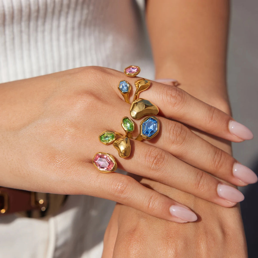 Kika Elegant Multicolor Glass Stone Geometric Open Rings 18K Gold Plated Stainless Steel 316L