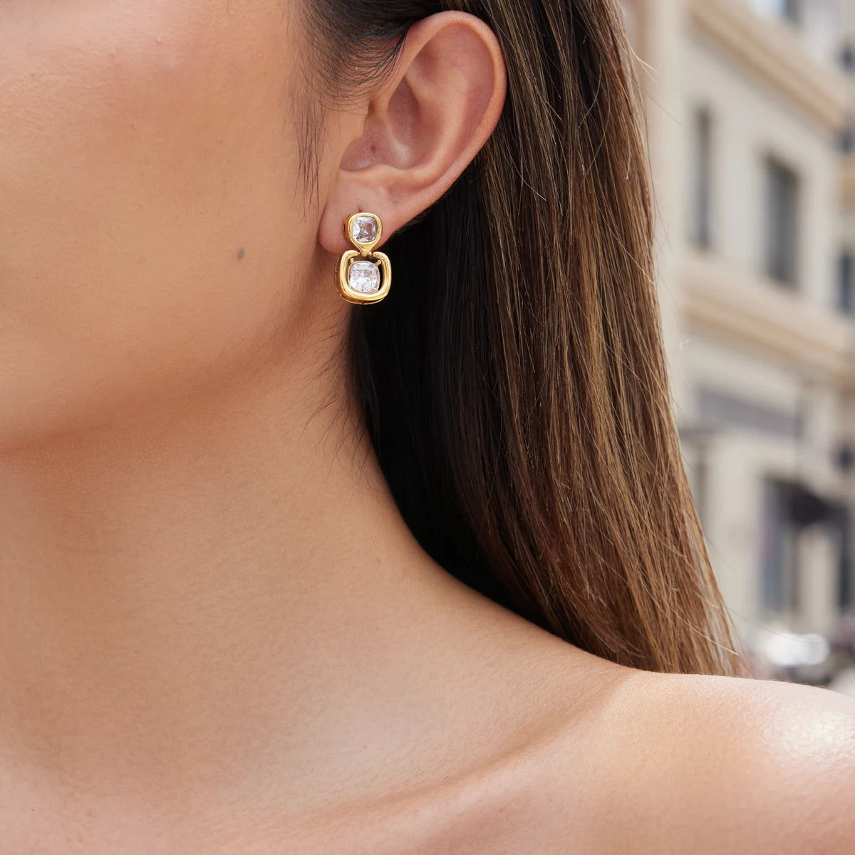 KIKA Delicate Square Zircon Earrings  18K Gold PVD Plated Stainless Steel 316L