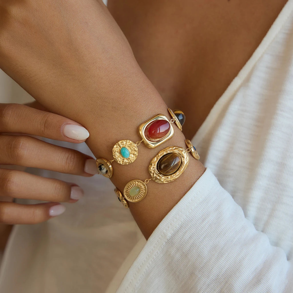 KIKA Vintage Mixed Natural Stone Bracelet For Women Waterproof 18K Gold PVD Plated Stainless Steel Bracelet Fashion Jewelry