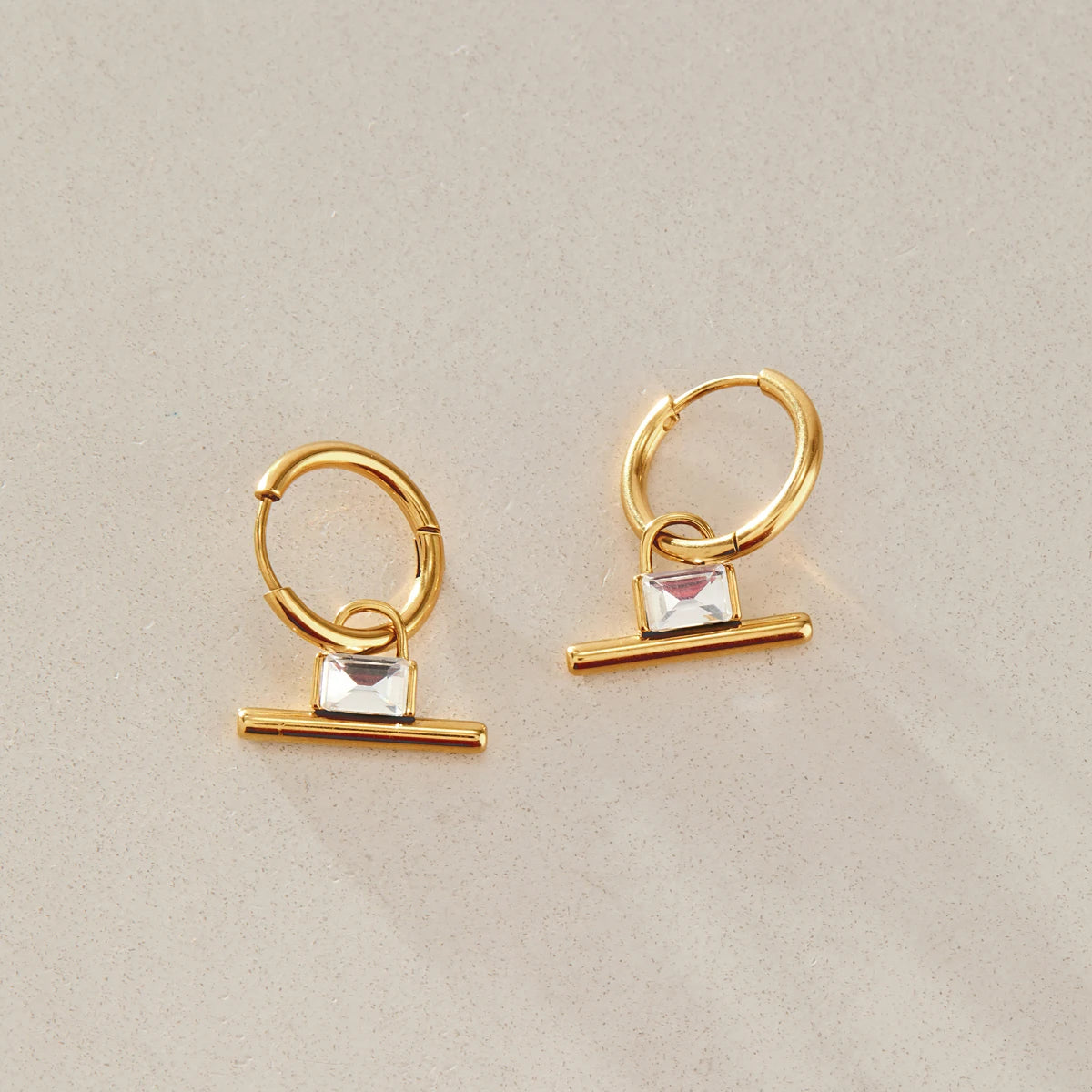 KIKA  Classic Square Zircon T-Bar Pendant Earrings For Women 18K Gold PVD Plated Stainless Steel Earrings Fashion Jewelry
