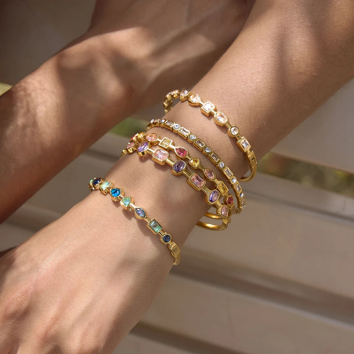 Kika Delicate Blue Pink Geometric Shape Splicing Colored Zircons  Bracelet