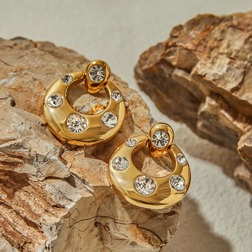 Kika Fashion Zircon Large Earrings 18K Gold Color Plated Stainless Steel Door Handle Earrings