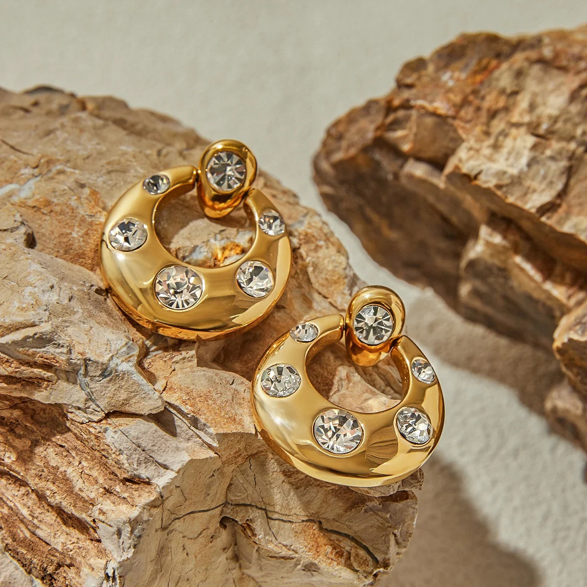 Kika Fashion Zircon Large Earrings 18K Gold Color Plated Stainless Steel Door Handle Earrings