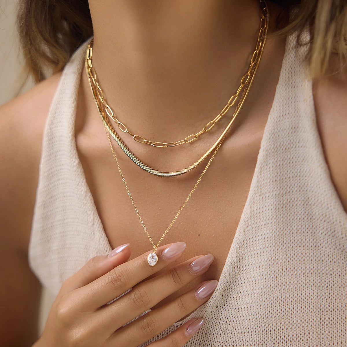 Kika Delicate Three Layer Snake Bone Paperclip Chain Necklace