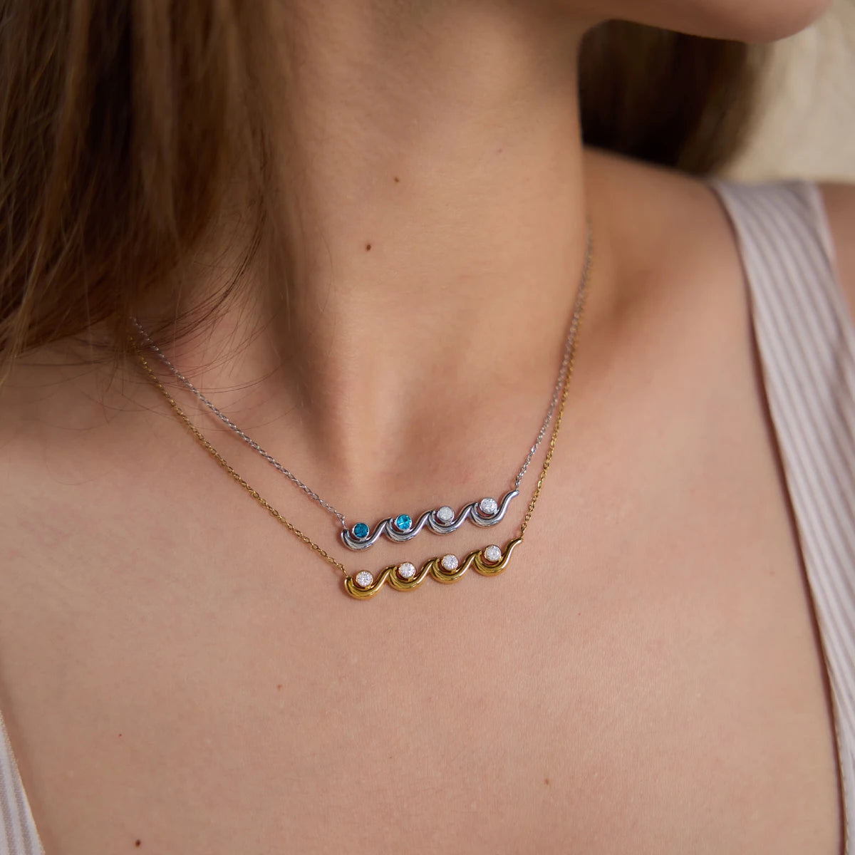Kika Elegant White Blue Zircon Wave Shape Pendant Necklace