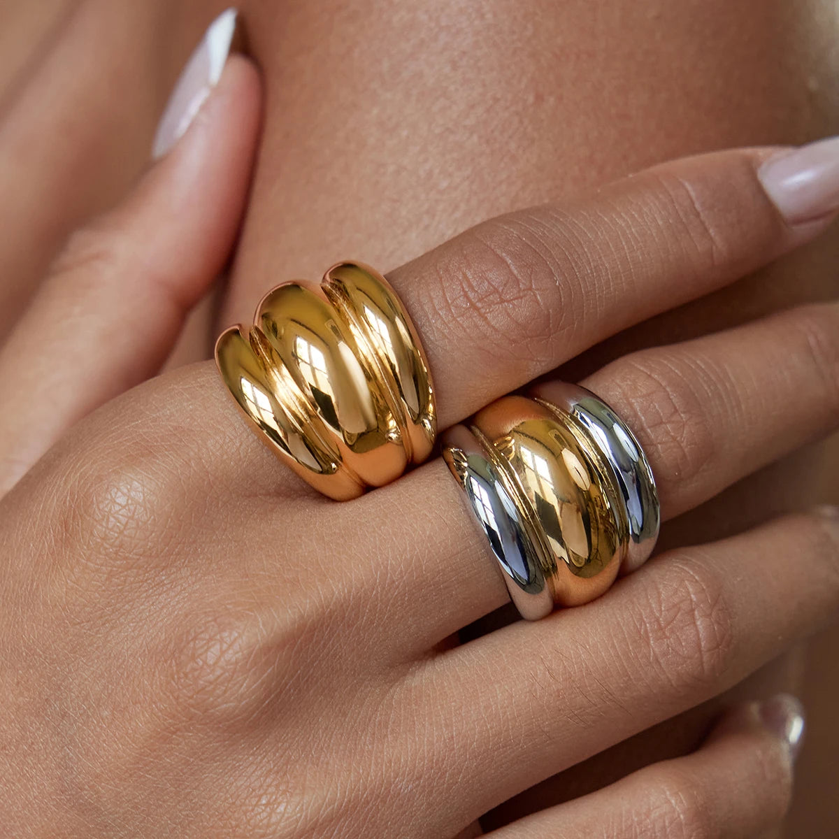 KIKA Statement 18K Gold Color Plated Stainless Steel Waterproof Two tone Chubby Three layer Raised Ribbed Ring Women's Jewelry