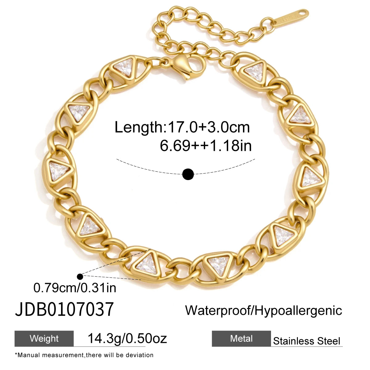 KIKA Classic Triangle Zircon Chunky Chain Bracelet 18K Gold PVD Plated Stainless Steel 316L
