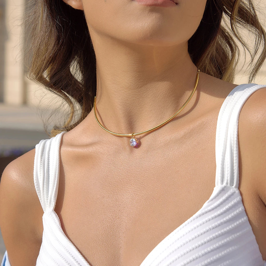 Classic Gold Color Geometric White Zircon Choker Necklace