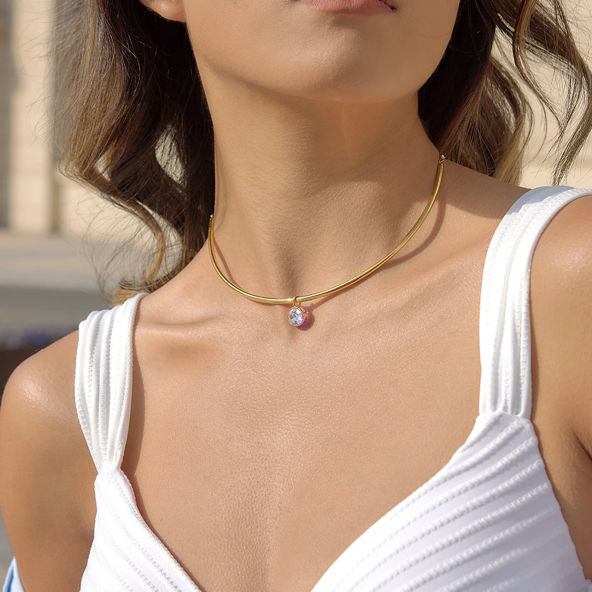 Classic Gold Color Geometric White Zircon Choker Necklace