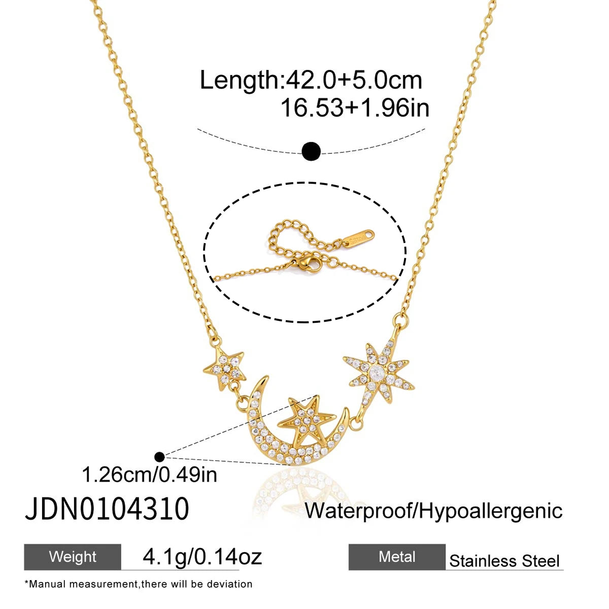 Kika Classic Crystal Moon Star Pendant Necklace Minimalist 18K Gold Plated Stainless Steel 316L