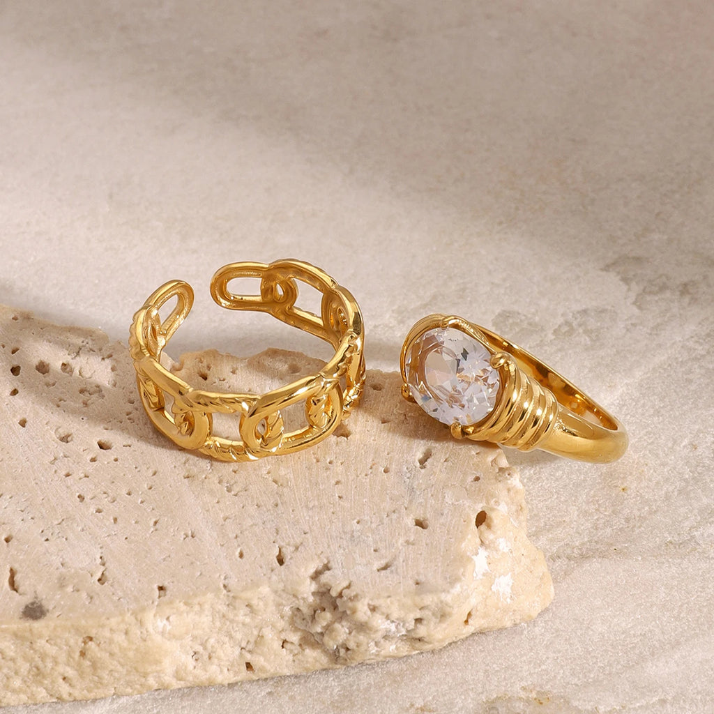KIKA Exquisite Zircon Hollow Ring Texture Gold Color Stacked Ring PVD Plated Stainless Steel