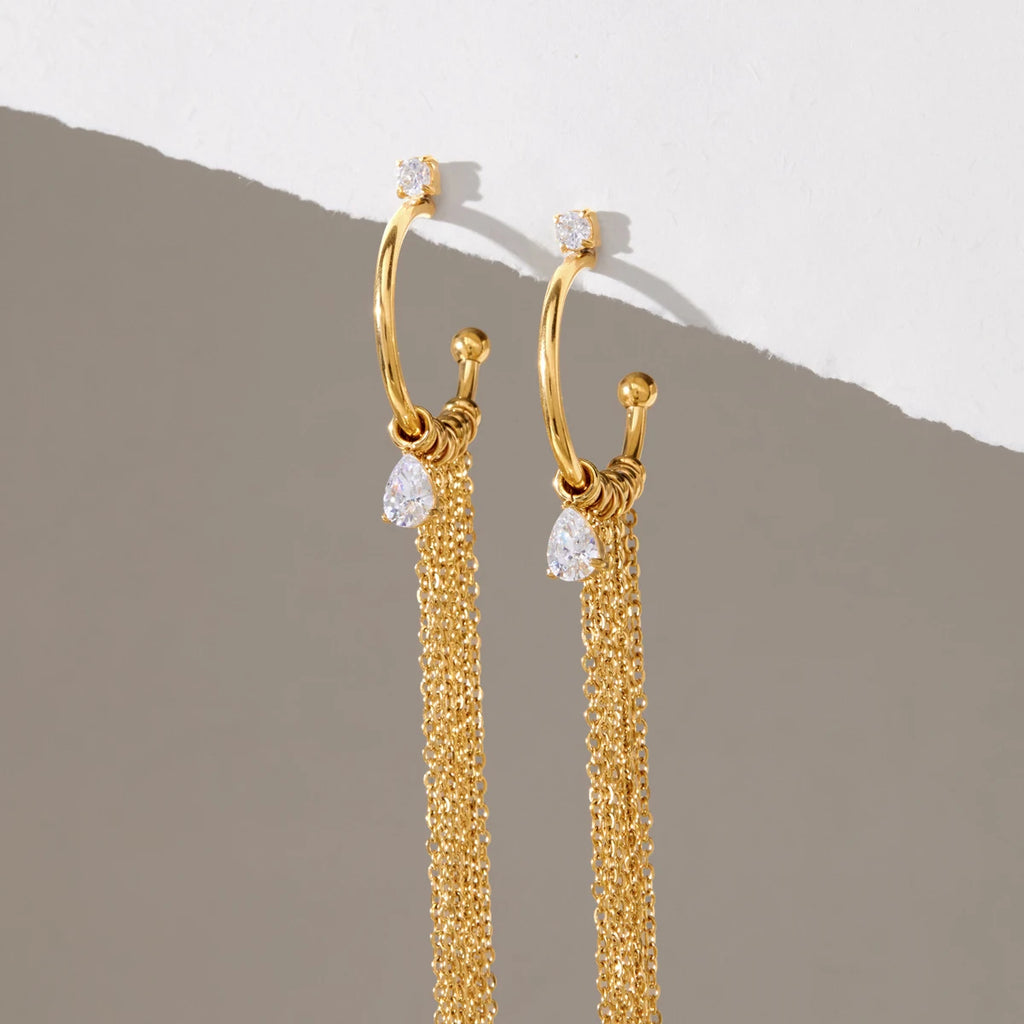 KIKA Classic Water Drop Zircon Long Chains Tassel Earrings For Women 18K Gold Plated Stainless Steel 316L