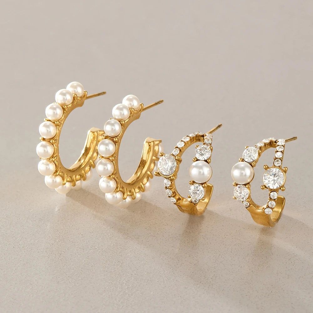 KIKA Elegant Zircon Imitation Pearl Earrings For Women 18K Gold Plated Stainless Steel C Shape Stud Earrings Fashion Jewelry