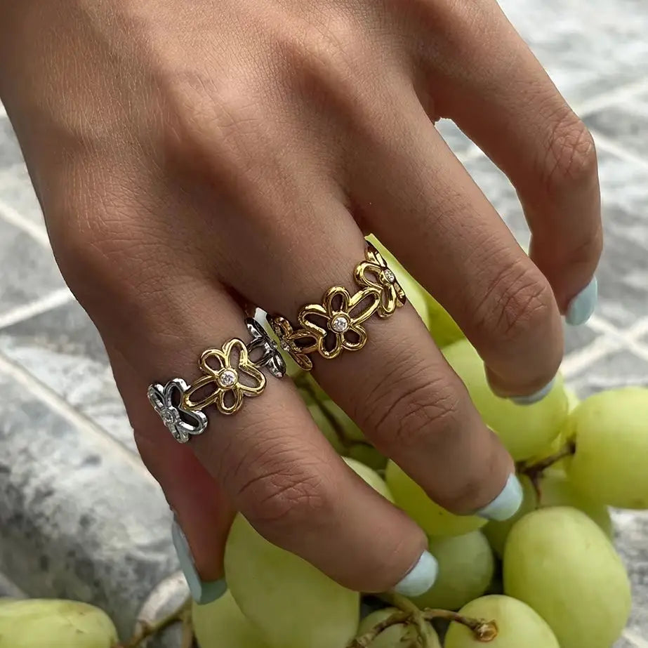 KIKA Delicate Hollow-Out Flower Opening Ring PVD  Plated Stainless Steel 316L