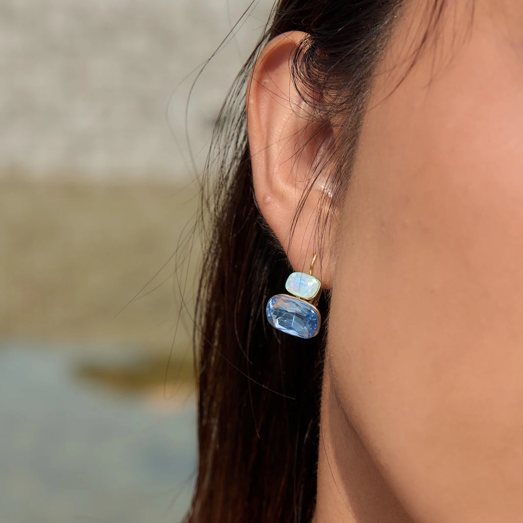 KIKA Delicate Blue White Colord Square Double-Layer Zircons Earrings  PVD Gold Plated Stainless Steel 316L