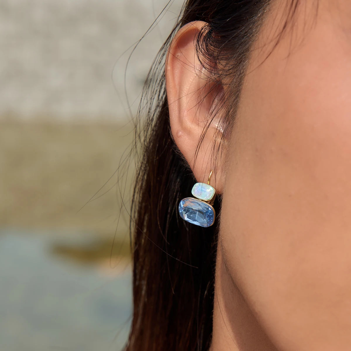 KIKA Delicate Blue White Colord Square Double-Layer Zircons Earrings  PVD Gold Plated Stainless Steel 316L