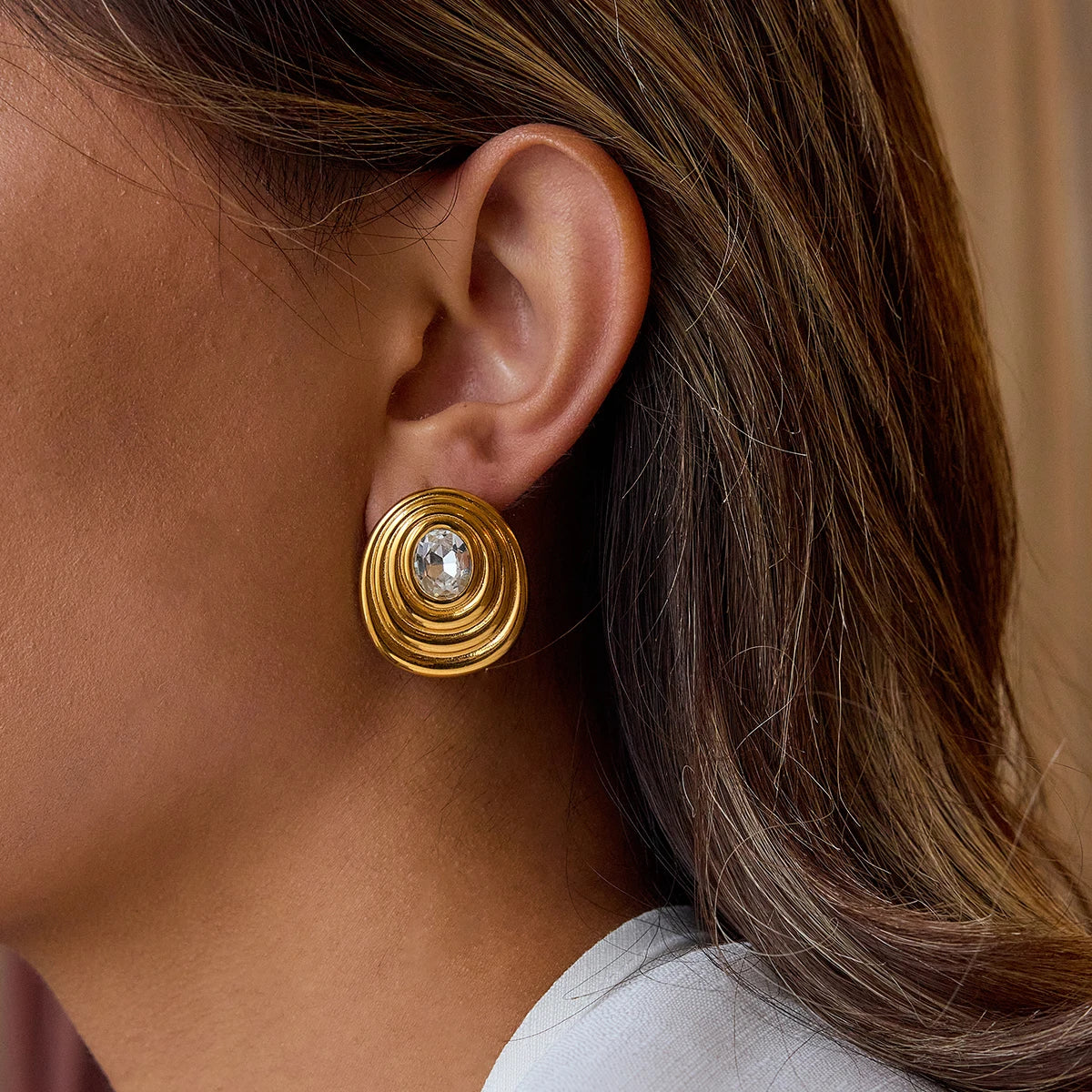 Kika Minimalist 18K Gold Color Plated Stainless Steel Round White Zircon Ribbed Round Ear Studs