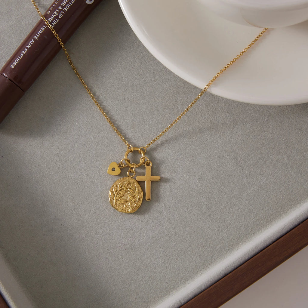 Kika Classic Zircon Cross Heart Coin Pendant Necklace