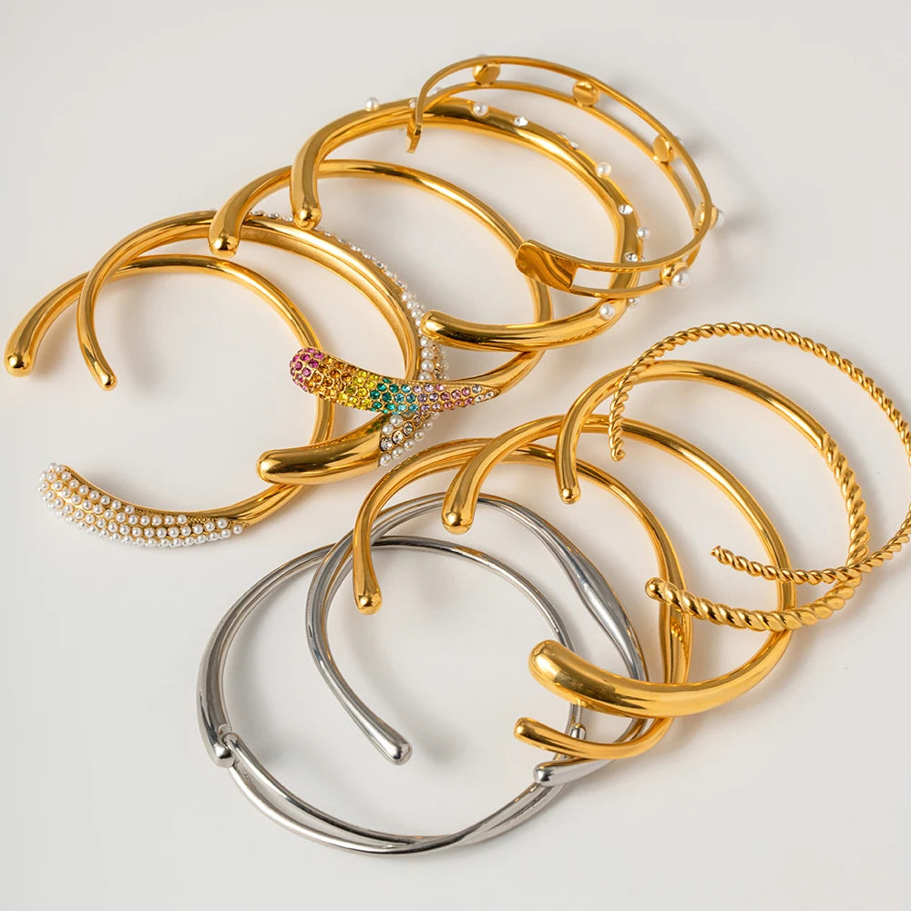 Kika Waterproof Metal Texture 18K Gold Color Stainless Steel Cuff Open Bracelet Bangle