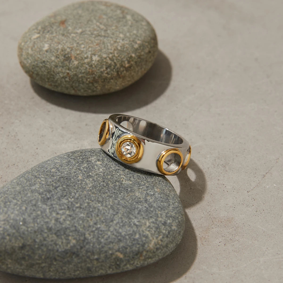 Kika Minimalist 18K Gold Color Plated Stainless Steel Two tone Zircon Ring Round Hollow Stackable Ring Women's Jewelry