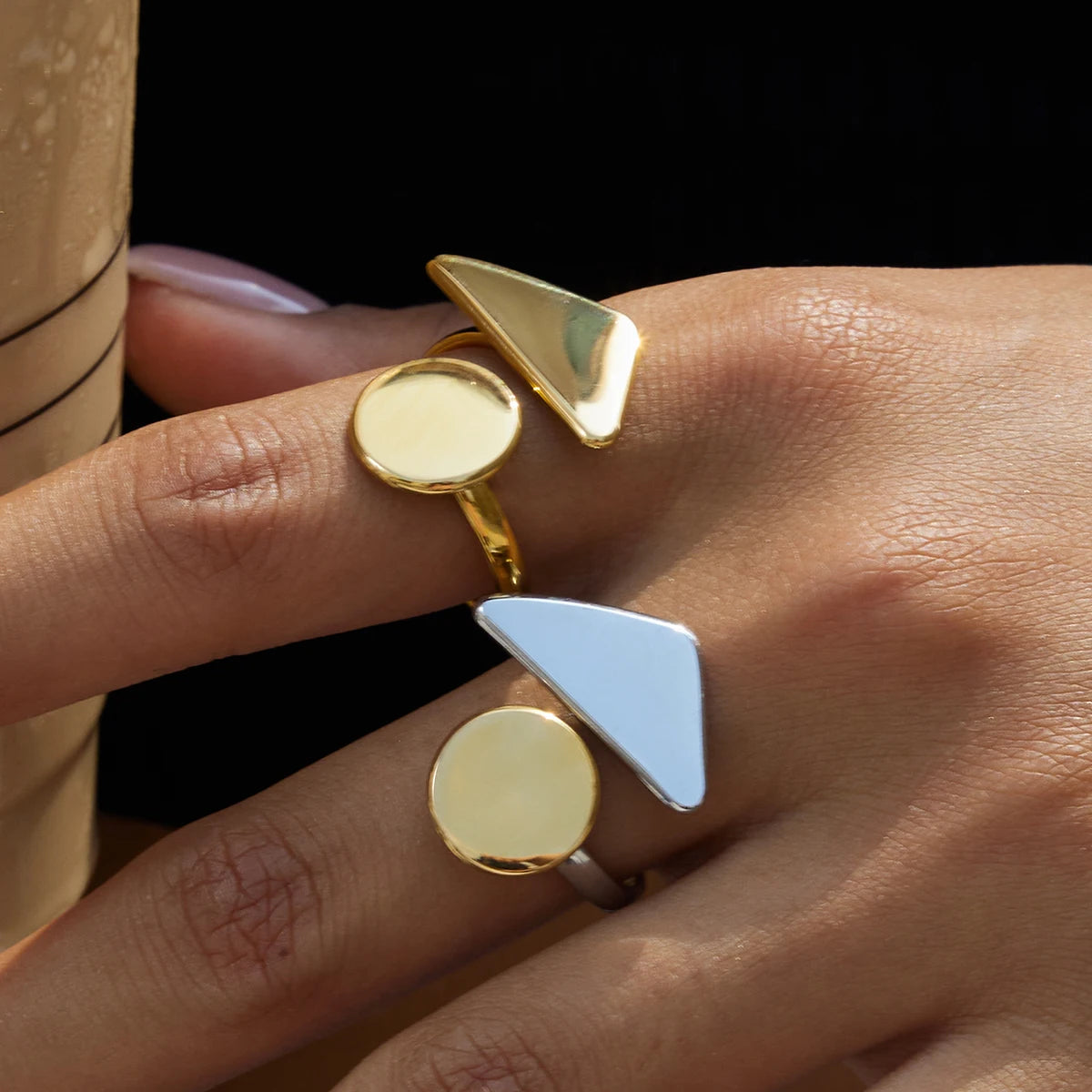 KIKA  Minimalist Classic 18K Gold Color PVD Plated Stainless Steel 316L Geometric Pattern Asymmetric Ring Waterproof