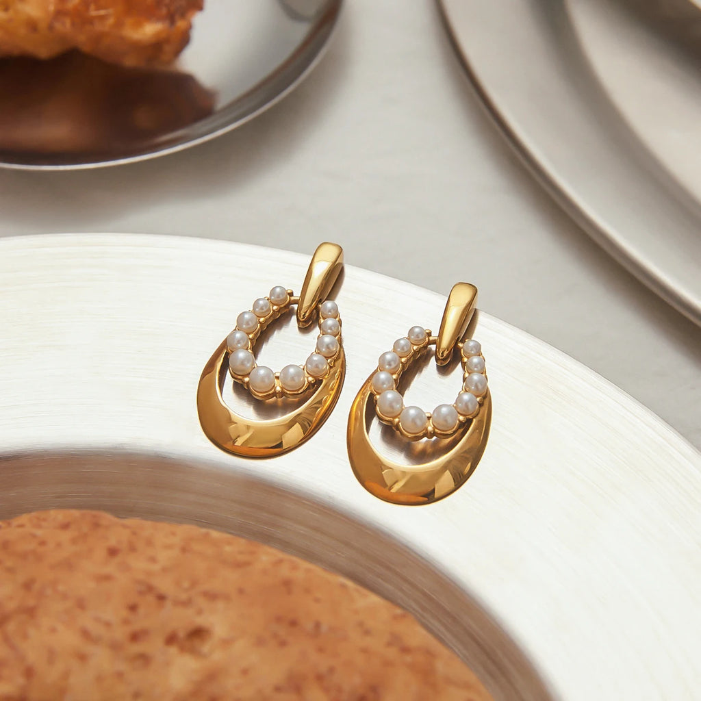 KIKA Fashion Pearl Hollow Door Handle Earrings 18K Gold Color PVD Plated Stainless Steel 316L Oval