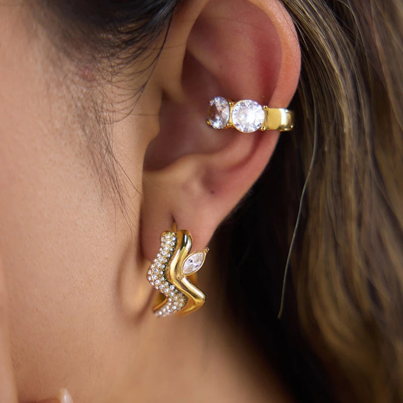 KIKA Horse Eye Shape Zircon Iced Out Wave Shape Clip Earrings PVD Plated Stainless Steel 316L
