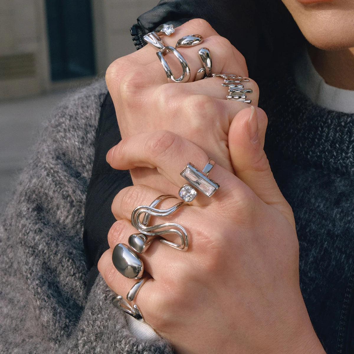 Kika Geometry Steel-Colored Open Ring With Zircon
