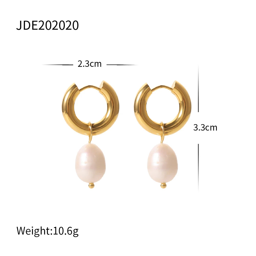 KIKA 316L Stainless Steel 316L Natural Pearl Hoop Earrings Trendy Metalic Golden Geometric