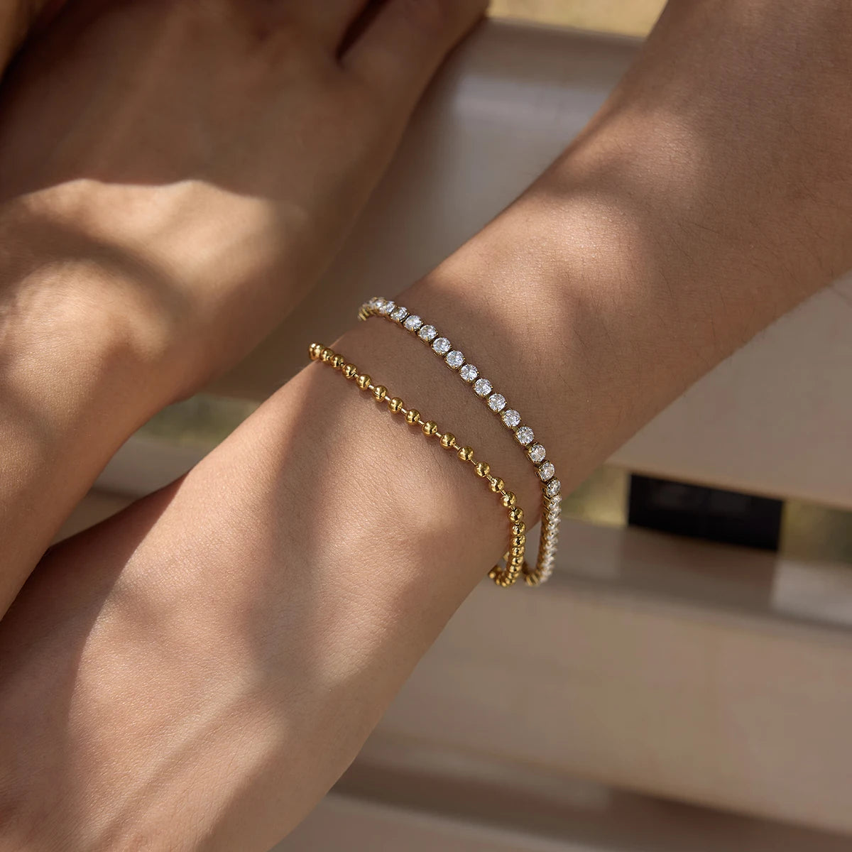 Kika Delicate White Zircon Chain With Gold Color Bead Chain Double-Layer Bracelet
