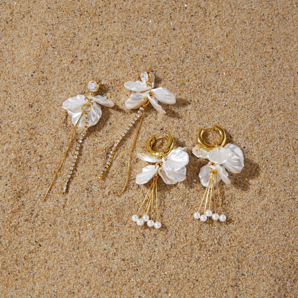 KIKA Delicate White Zircon Chain Acrylic Pearl Sheet Tassel Dangle OVD Plated Stainless Steel 316L