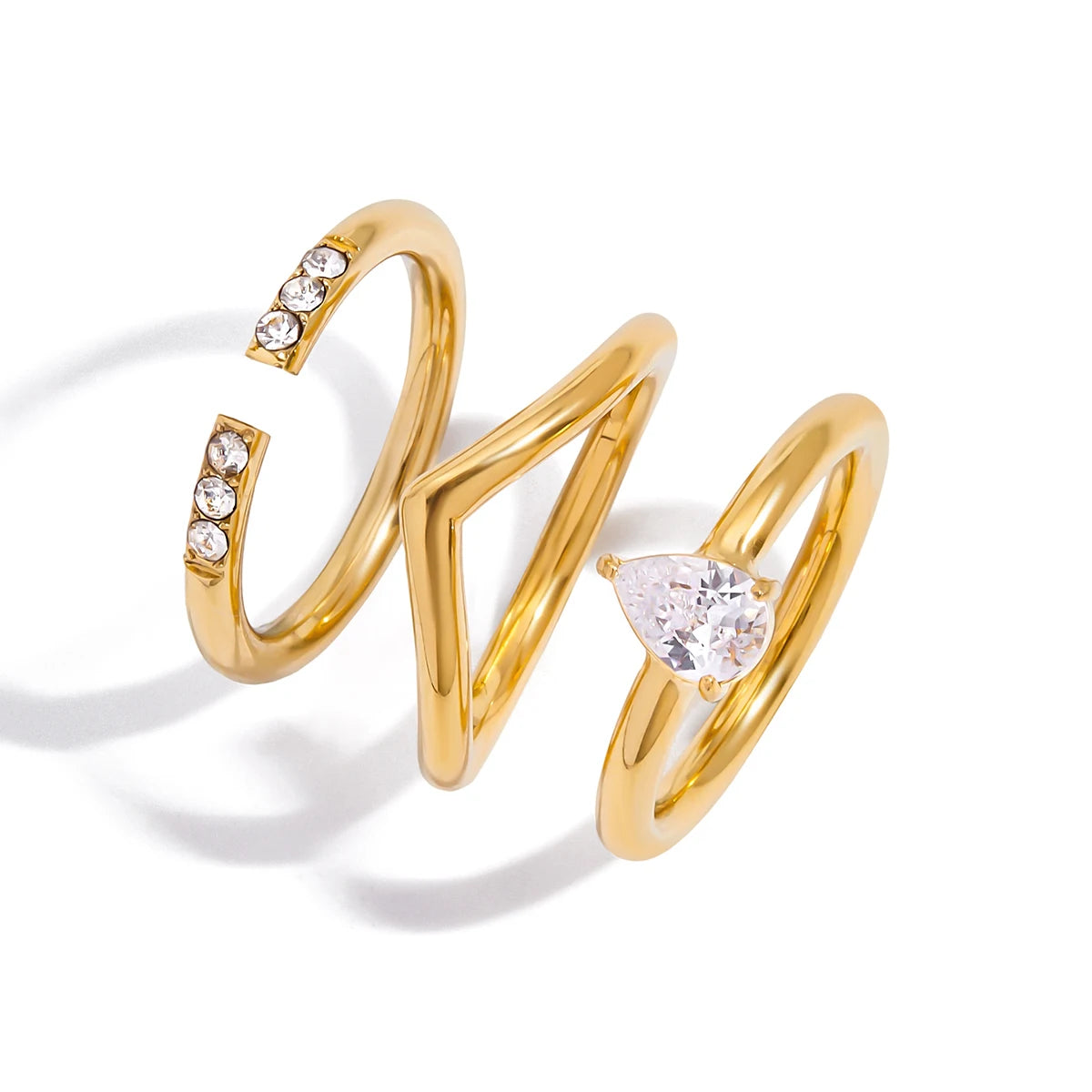 Kika Minimalist 18K Gold Color Plated Stainless Steel Zircon Water Drop Ring V-shaped Stackable