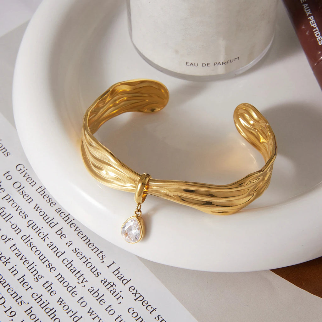 Kika Water Drop Zircon Wave Shape Cuff Bracelet Minimalist 18K Gold Plated Stainless Steel 316L