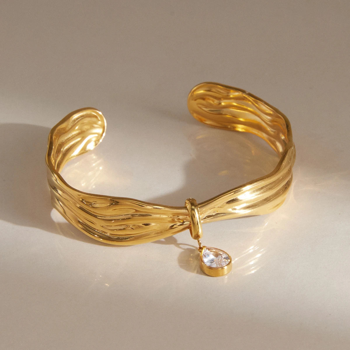 Kika Water Drop Zircon Wave Shape Cuff Bracelet Minimalist 18K Gold Plated Stainless Steel 316L