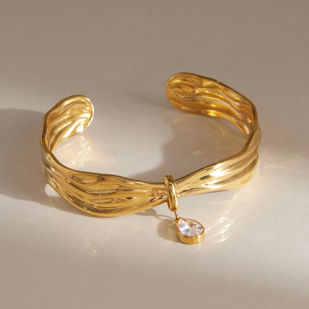 Kika Water Drop Zircon Wave Shape Cuff Bracelet Minimalist 18K Gold Plated Stainless Steel 316L
