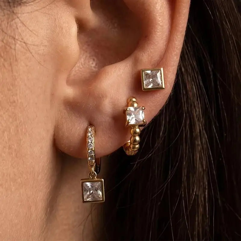 KIKA 3 Pcs/Set Square Zircon Earrings PVD Plated Stainless Steel 316L