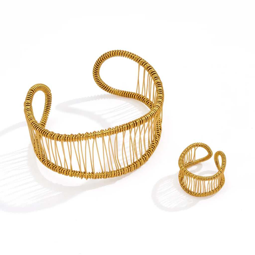 KIKA Multi Layer Hollowed Out Winding Linear Wide Face Bracelet PVD Plated Stainless Steel 316L