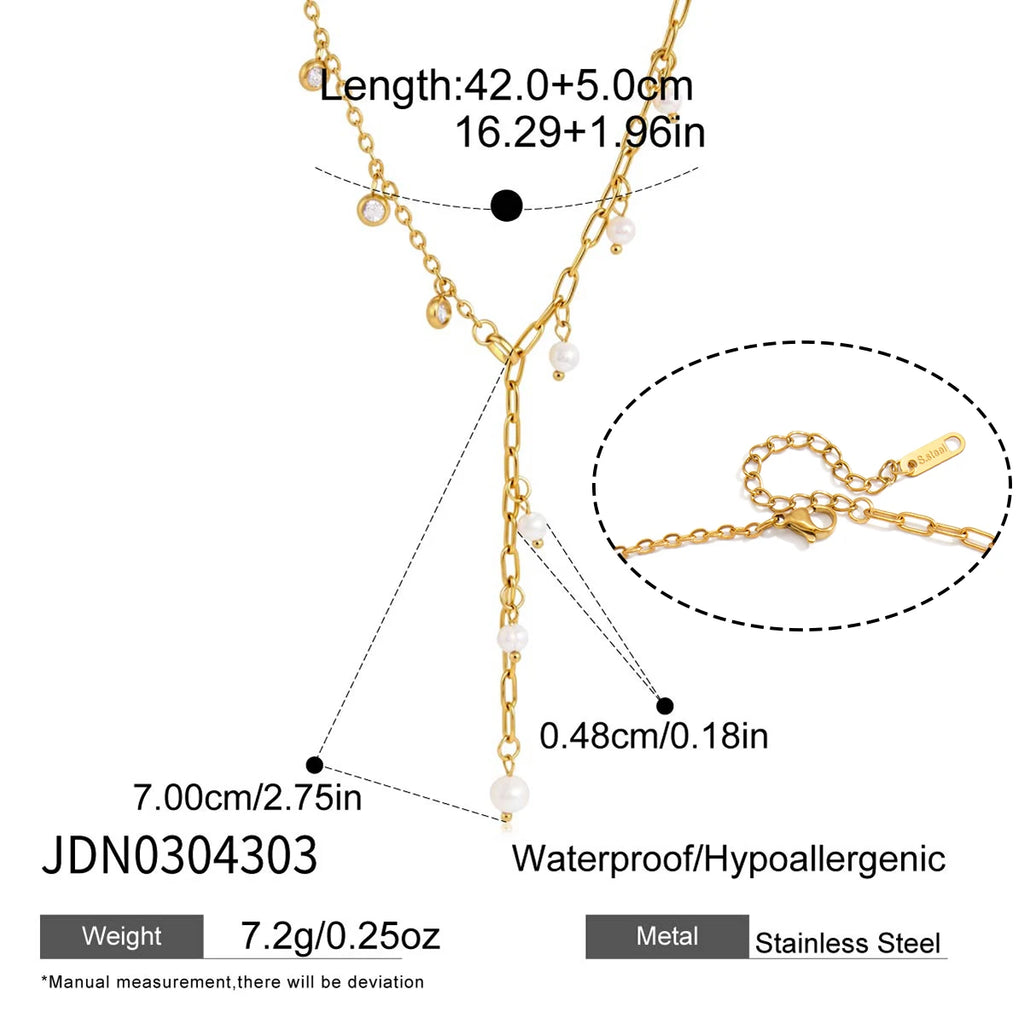Kika Freshwater Pearl Zircon Pendant Y Shape Chain Necklace 18K Gold PVD Plated Stainless Steel 316L