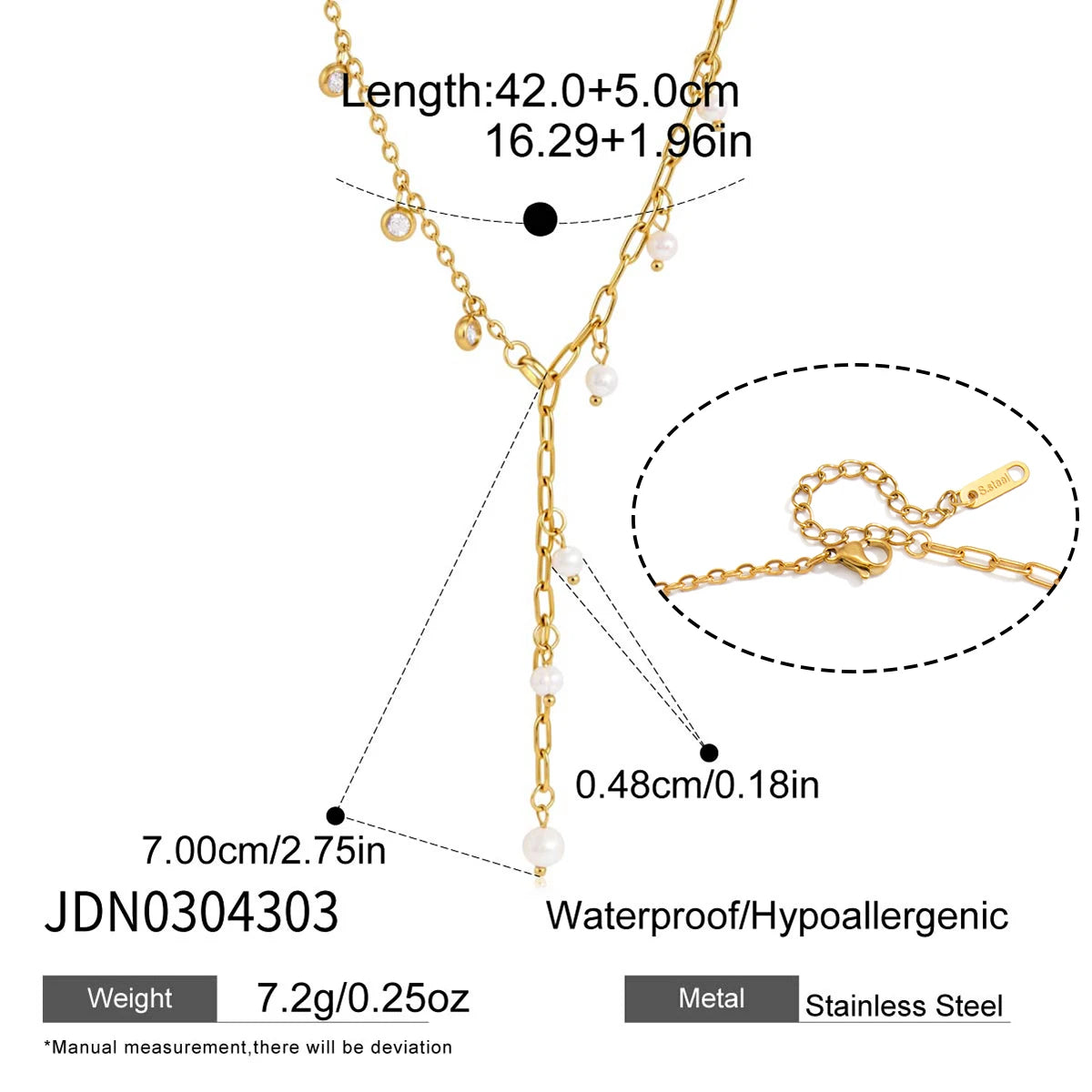Kika Freshwater Pearl Zircon Pendant Y Shape Chain Necklace 18K Gold PVD Plated Stainless Steel 316L