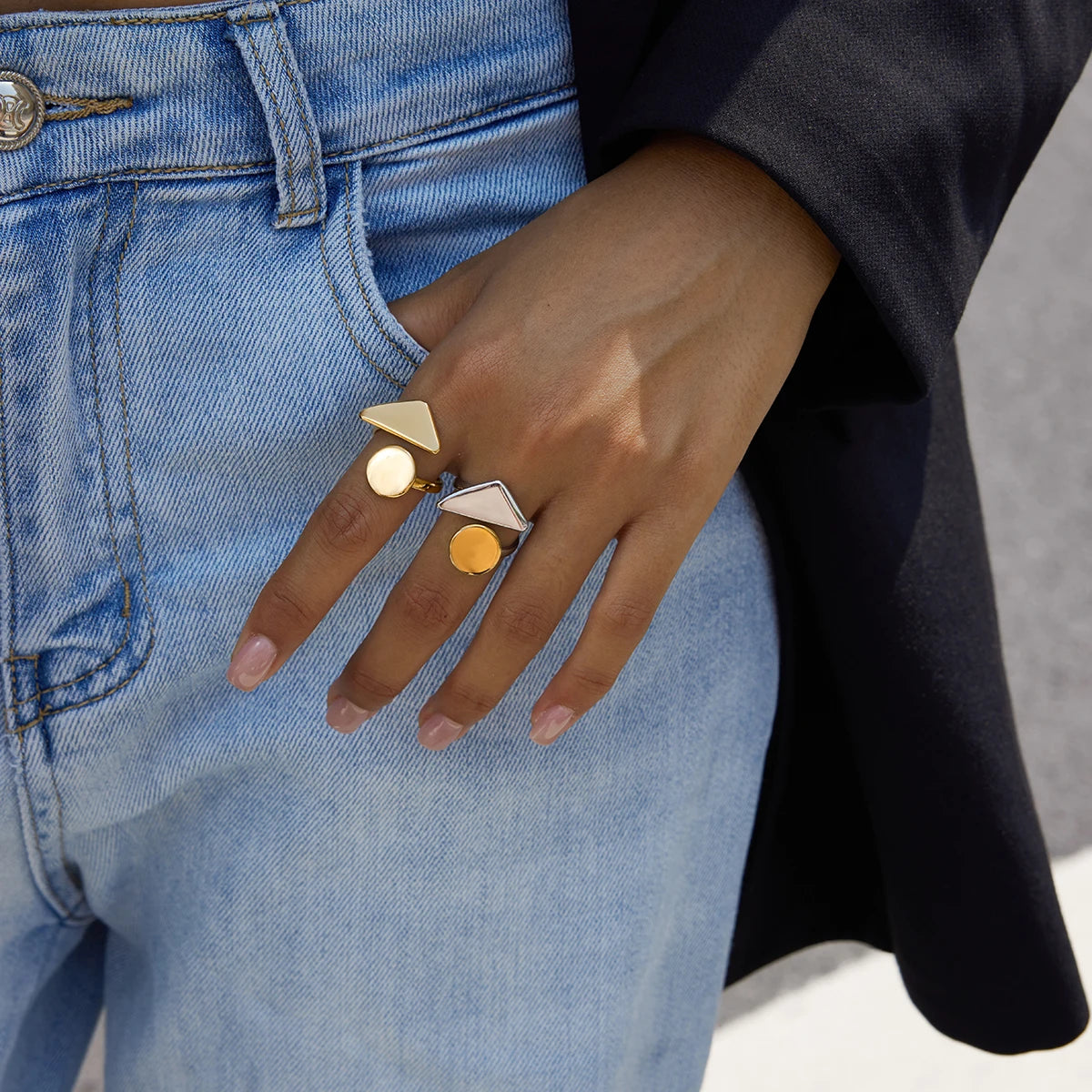 KIKA  Minimalist Classic 18K Gold Color PVD Plated Stainless Steel 316L Geometric Pattern Asymmetric Ring Waterproof
