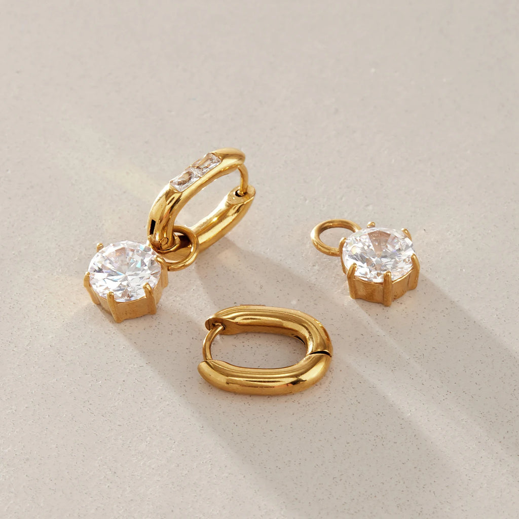 KIKA Round Zircon Pendant U Shape Clip Earrings 18K Gold PVD Plated Stainless Steel 316L
