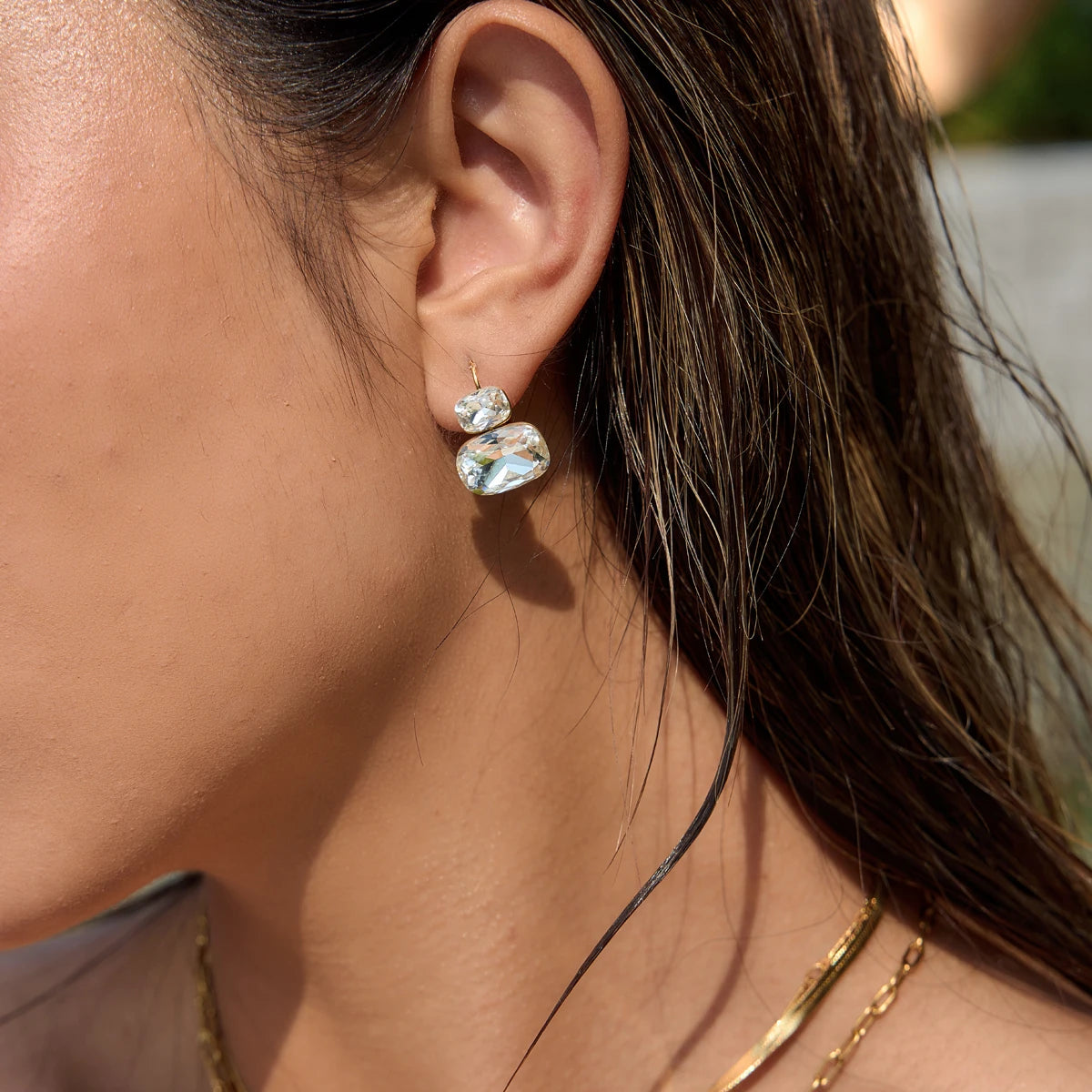 KIKA Delicate Blue White Colord Square Double-Layer Zircons Earrings  PVD Gold Plated Stainless Steel 316L